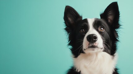A black and white border collie dog looking at the camera,