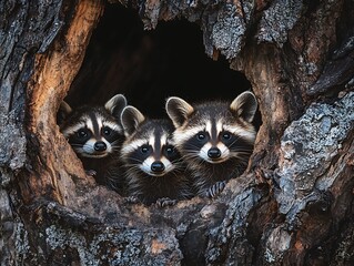 Three Curious Raccoons Peeking Out from Tree Hollow
