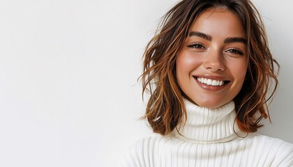 Naklejka premium Portrait, woman, female, headshot, smiling, happy, confident, natural beauty, minimal makeup, fresh-faced, freckles, bare shoulders, white background, studio shot, young adult, brunette, brown hair, g