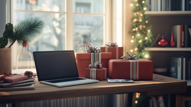 A cozy workspace featuring gift boxes and a laptop, symbolizing online shopping and thoughtful gifting. - Powered by Adobe