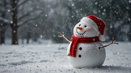 Obraz premium A joyful snowman dressed in a red hat and scarf stands amidst gently falling snow, capturing the essence of winter wonder and holiday spirit.