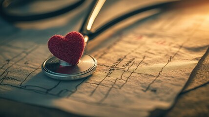 Red heart with stethoscope on table