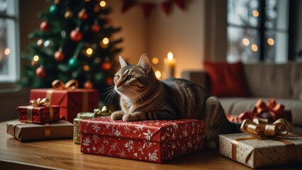 A cute cat sits amidst colorful Christmas decorations and a twinkling Christmas tree, creating a cozy and festive holiday atmosphere.