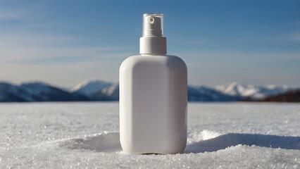 White matte cosmetic bottle with dispenser on snow with mountain background