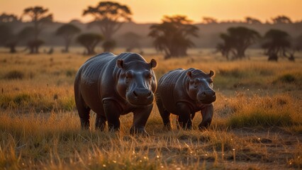 Hippos walk gracefully across the African savannah at sunset, surrounded by golden grasses and iconic trees. A stunning display of wildlife in a natural habitat.