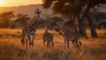 A majestic giraffe with its calf stands serenely amidst the golden grasses of the African savanna, silhouetted by a breathtaking sunset. The scene captures the tranquil beauty of wildlife and nature.