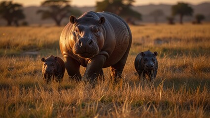 Hippos walk gracefully across the African savannah at sunset, surrounded by golden grasses and iconic trees. A stunning display of wildlife in a natural habitat.