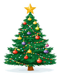 Fototapeta premium A green Christmas tree with colorful ornaments and a golden star on top. Transparent background.
