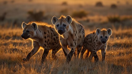 A family of hyenas stands together in the golden savanna during sunset, highlighting their strong family bond and natural habitat. The warm light casts a magical glow over the scene.