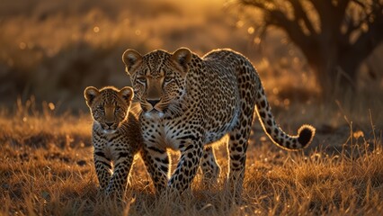 A beautiful leopard and its cub walk gracefully across the African savanna at sunset, highlighting their stunning spotted coats and the warm, golden landscape.