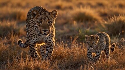 A beautiful leopard and its cub walk gracefully across the African savanna at sunset, highlighting their stunning spotted coats and the warm, golden landscape.