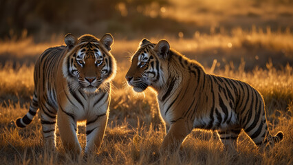 Two majestic tigers explore the sunlit grasslands during sunset, showcasing their natural beauty and grace. The warm golden light enhances the enchanting wildlife scene.