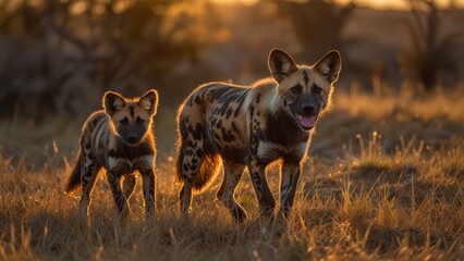 African wild dogs roam the savanna at sunrise, capturing the essence of wildlife and natural beauty. This serene scene highlights the intriguing behavior and habitat of these fascinating canines.