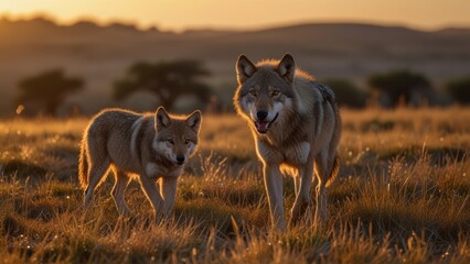 Two wolves stand majestically in a sunlit grassland at sunset, capturing the essence of wilderness and natural beauty. The warm tones of the golden hour create a serene atmosphere.