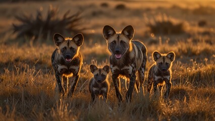 African wild dogs roam the savanna at sunrise, capturing the essence of wildlife and natural beauty. This serene scene highlights the intriguing behavior and habitat of these fascinating canines.
