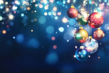 Colorful Christmas ornaments hanging with a sparkling bokeh background, creating a festive holiday atmosphere