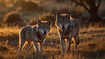 Two wolves stand majestically in a sunlit grassland at sunset, capturing the essence of wilderness and natural beauty. The warm tones of the golden hour create a serene atmosphere.