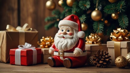 Charming Christmas setup featuring a Santa figure, festive gifts, and decorative tree. Ideal for holiday themes and seasonal warmth. Capture the essence of Christmas joy and celebration.