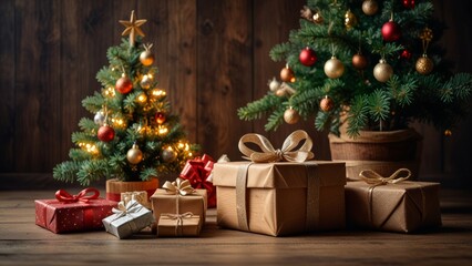 A cozy Christmas scene with beautifully wrapped gifts under a decorated tree. The warm lighting and festive ornaments create a traditional holiday atmosphere of joy and giving.