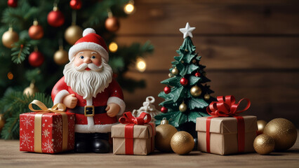 Charming Christmas setup featuring a Santa figure, festive gifts, and decorative tree. Ideal for holiday themes and seasonal warmth. Capture the essence of Christmas joy and celebration.