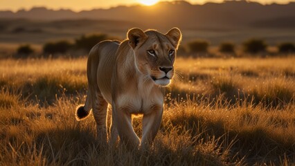 A striking lioness strides across the golden savanna, bathed in warm sunset light. The serene landscape highlights her elegance and power, symbolizing beauty and strength in the wild.