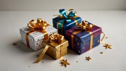Beautifully wrapped gift boxes adorned with golden and colorful ribbons evoke feelings of celebration and joy, ideal for festive occasions. Perfect for Christmas, birthdays, or any special event.