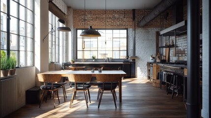Industrial Loft Kitchen with Dining Table and Chairs