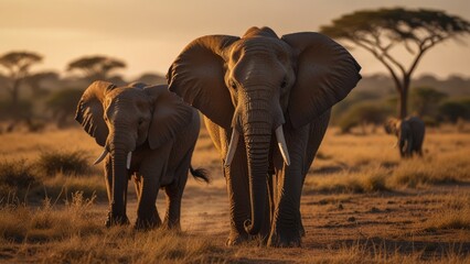 Majestic African elephants walk through the golden savanna at sunset, surrounded by acacia trees, capturing the essence of wildlife in its natural habitat.