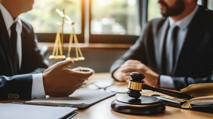 Lawyers Discussing Case with Gavel and Scales in Foreground