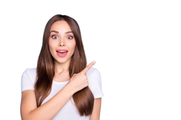 Close up photo of impressed lady showing recommendation scream unbelievable wearing white t-shirt isolated over blue background