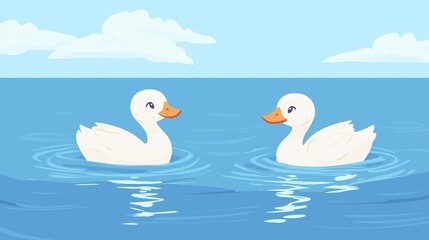 Obraz premium two white ducks swimming happily in the ocean, cartoon-style vector illustration