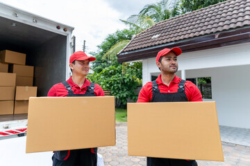 Caucasian delivery man delivering package from truck to customer's house.