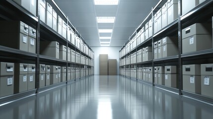 Obraz premium A neat storage area with shelves filled with labeled boxes.