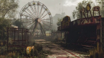 65. A deserted amusement park, with overgrown paths and rusting rides