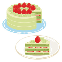 苺の抹茶ホールケーキと苺の抹茶ショートケーキセット
