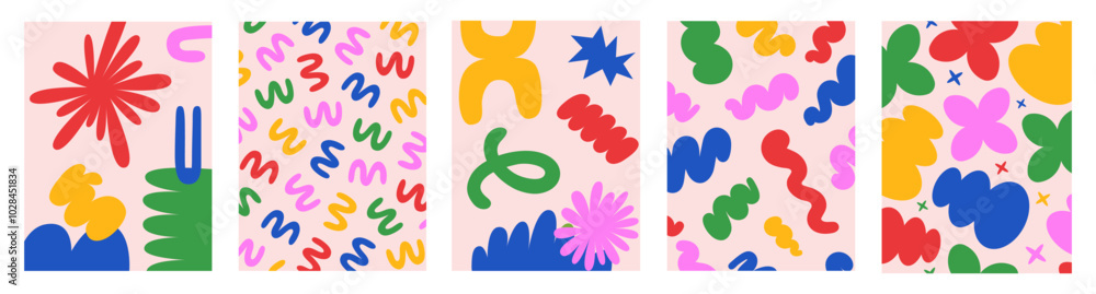 Aufkleber Abstract retro set colorful backgrounds with naive playful shapes on a light background. Trendy vector illustration