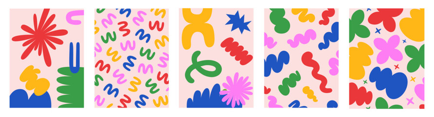 Abstract retro set colorful backgrounds with naive playful shapes on a light background. Trendy vector illustration