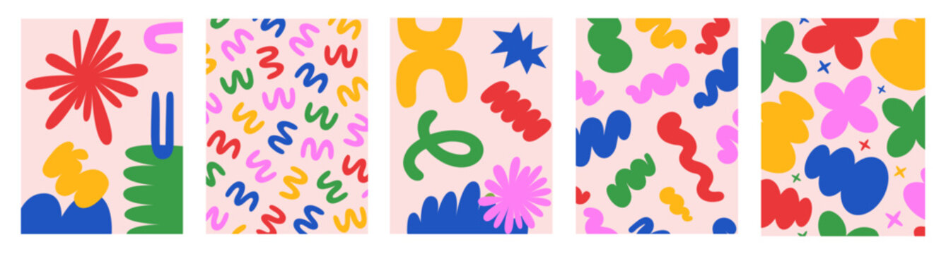 Fototapeta Abstract retro set colorful backgrounds with naive playful shapes on a light background. Trendy vector illustration
