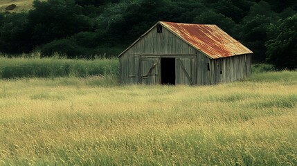 Obraz premium 60. An abandoned barn in a vast field, surrounded by tall grass