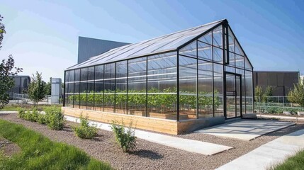 Fototapeta premium Modern Greenhouse with Glass Panels and Wooden Base