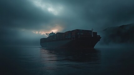 Fototapeta premium A cargo ship navigates through foggy waters at dusk, creating a mysterious atmosphere.