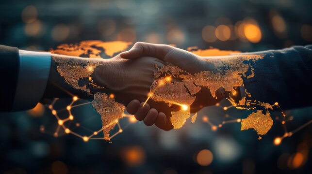 business man handshake with effect global world map network link connection and graph chart of stock market graphic diagram, digital technology, internet communication, teamwork, partnership concept