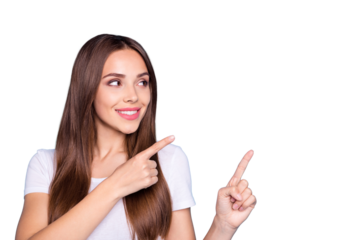 Close up photo of charming lady looking at copy space showing ads wearing white t-shirt isolated over blue background