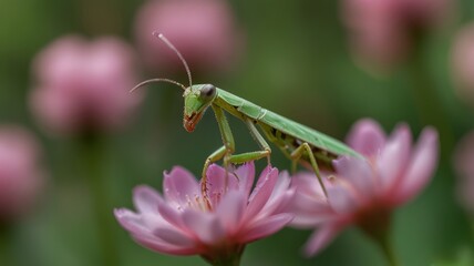 A green praying mantis perched on a pink flower in a field of pink flowers.