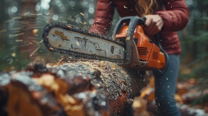A person meticulously operates a chainsaw, cutting through a log in a serene woodland, surrounded by vibrant autumn foliage and the sound of sawdust