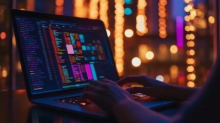 Colorful Code on Laptop Screen with Festive Lighting Background