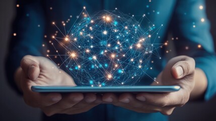 Businessman holding linking global business network connection and data exchanges with graph growth on digital tablet