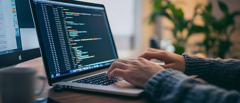 Programmer Typing Code on Laptop in Bright Office Setting