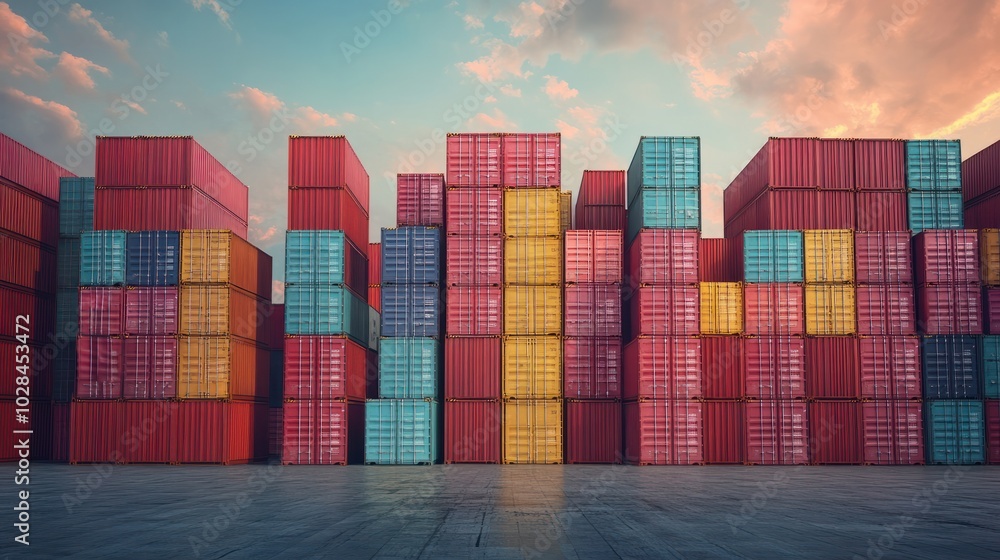 Poster cargo. stacked cargo containers in port with copy space. stack of containers cargo ship import/expor