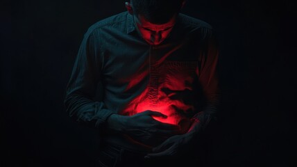 Hands holding red glowing chest area